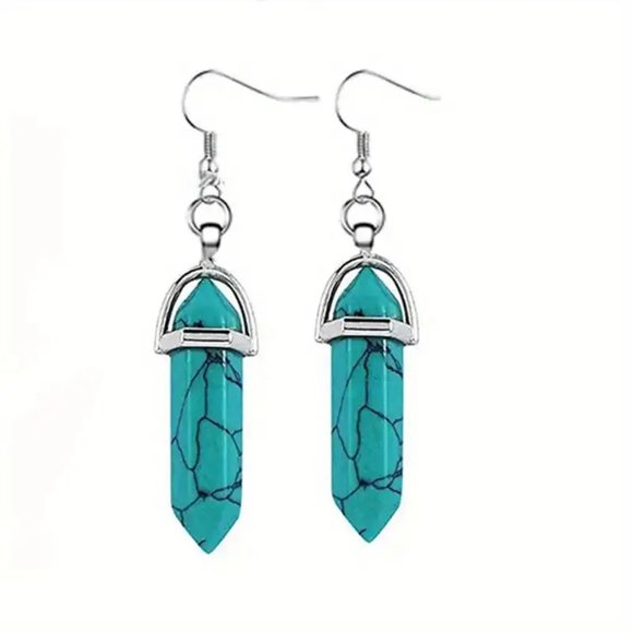 Turquoise Color Stone Handmade Hexagon Point Dangle Earrings - Picture 2 of 2